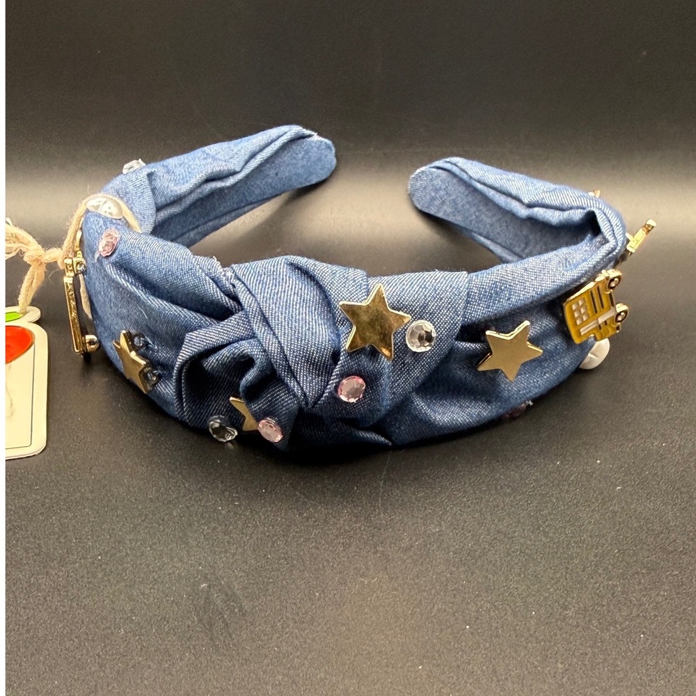 New Denim Knotted Headband Blue Jean Star‎ Rhinestone School Charm Embellished